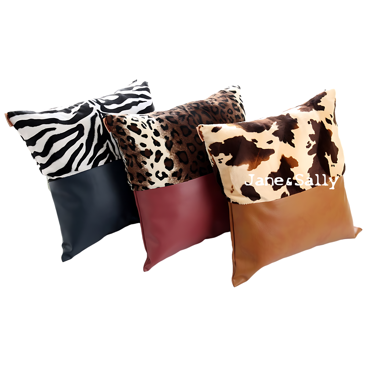 (JaneSally)PU Leather Patchwork With Polyester Fluff Fabric Pillowcase Cushion Cover (Brown Leopard Print)