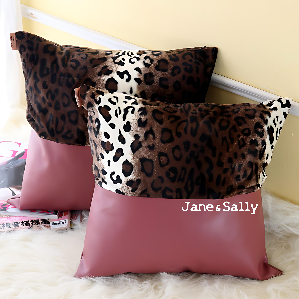 (JaneSally)PU Leather Patchwork With Polyester Fluff Fabric Pillowcase Cushion Cover (Brown Leopard Print)