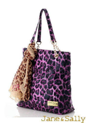 (JaneSally)PU Leather Rhombus Lattice Shoulder Bag Tote Bag Handbag With Chain And Silk Scarf (Sweet Peach Leopard)