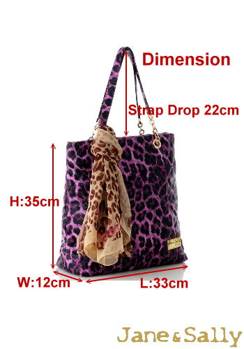 (JaneSally)PU Leather Rhombus Lattice Shoulder Bag Tote Bag Handbag With Chain And Silk Scarf (Sweet Peach Leopard)