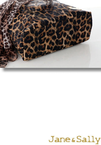 (JaneSally)PU Leather Rhombus Lattice Shoulder Bag Tote Bag Handbag With Chain And Silk Scarf (Splendid Leopard)