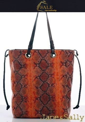 (JaneSally)Plain PU Leather Double-sided Tote Bag Adjustable handle Shoulder Bag Shopping Bag (Snakeskin tangerine with brown color)