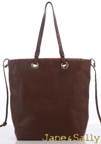 (JaneSally)Plain PU Leather Double-sided Tote Bag Adjustable handle Shoulder Bag Shopping Bag (Snakeskin tangerine with brown color)