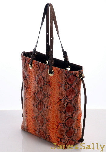 (JaneSally)Plain PU Leather Double-sided Tote Bag Adjustable handle Shoulder Bag Shopping Bag (Snakeskin tangerine with brown color)