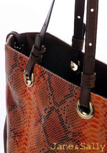 (JaneSally)Plain PU Leather Double-sided Tote Bag Adjustable handle Shoulder Bag Shopping Bag (Snakeskin tangerine with brown color)