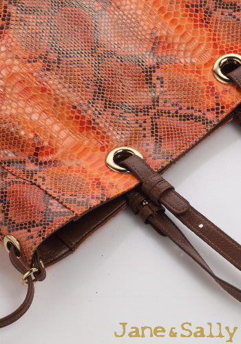 (JaneSally)Plain PU Leather Double-sided Tote Bag Adjustable handle Shoulder Bag Shopping Bag (Snakeskin tangerine with brown color)