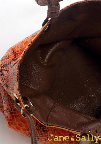(JaneSally)Plain PU Leather Double-sided Tote Bag Adjustable handle Shoulder Bag Shopping Bag (Snakeskin tangerine with brown color)