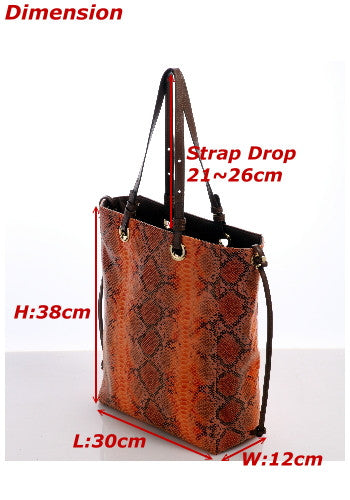 (JaneSally)Plain PU Leather Double-sided Tote Bag Adjustable handle Shoulder Bag Shopping Bag (Snakeskin tangerine with brown color)