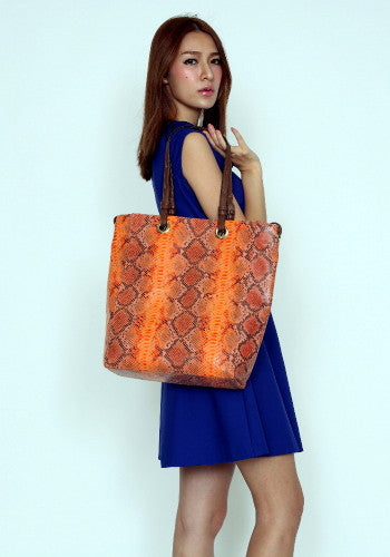 (JaneSally)Plain PU Leather Double-sided Tote Bag Adjustable handle Shoulder Bag Shopping Bag (Snakeskin tangerine with brown color)