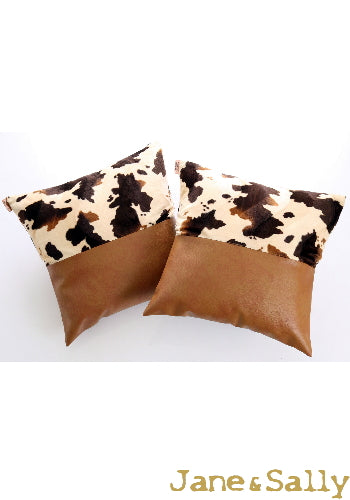 (JaneSally)PU Leather Patchwork With Polyester Fluff Fabric Pillowcase Cushion Cover(Cow Spot)