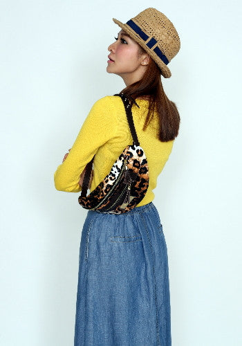 (JaneSally)PU Leather Fanny Bag Pocket Shoulder Bag(Leopard Brown)