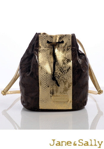 (JaneSally)Patchwork With Two Kinds Of PU Leathers Snakeskin Pattern Backpack Shoulder Bag With Detachable Strap Barrel Bag(Starry Gold)