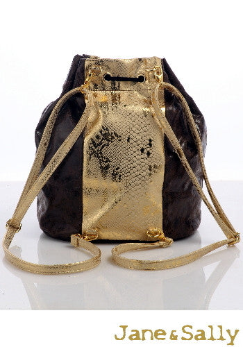 (JaneSally)Patchwork With Two Kinds Of PU Leathers Snakeskin Pattern Backpack Shoulder Bag With Detachable Strap Barrel Bag(Starry Gold)
