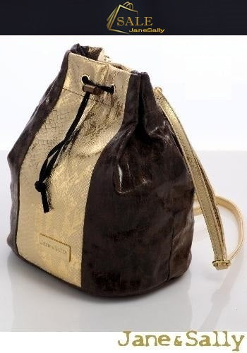 (JaneSally)Patchwork With Two Kinds Of PU Leathers Snakeskin Pattern Backpack Shoulder Bag With Detachable Strap Barrel Bag(Starry Gold)