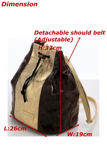 (JaneSally)Patchwork With Two Kinds Of PU Leathers Snakeskin Pattern Backpack Shoulder Bag With Detachable Strap Barrel Bag(Starry Gold)