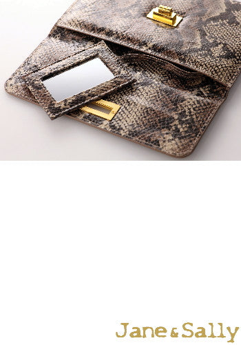 (JaneSally)PU Leather Snakeskin Pattern Clutch Bag With Small Mirror Evening Bag Wallet Passport bag Passport holder(Brown Python)