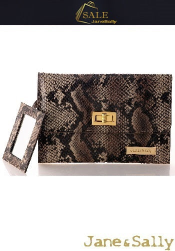 (JaneSally)PU Leather Snakeskin Pattern Clutch Bag With Small Mirror Evening Bag Wallet Passport bag Passport holder(Brown Python)