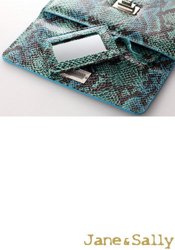 (JaneSally)PU Leather Clutch Bag With Small Mirror Evening Bag Wallet Passport bag Passport holder(Blue Python)