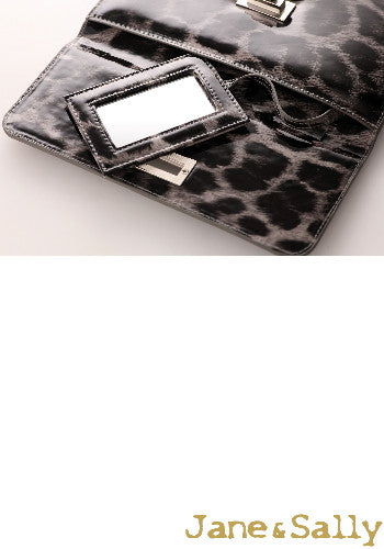 (JaneSally)PU Leather Leopard Print Clutch Bag With Small Mirror Evening Bag Wallet Passport bag Passport holder(Profound Grey Leopard)