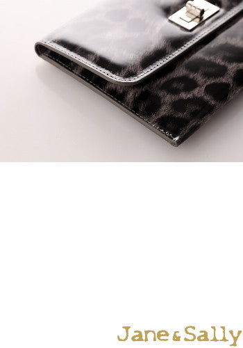 (JaneSally)PU Leather Leopard Print Clutch Bag With Small Mirror Evening Bag Wallet Passport bag Passport holder(Profound Grey Leopard)