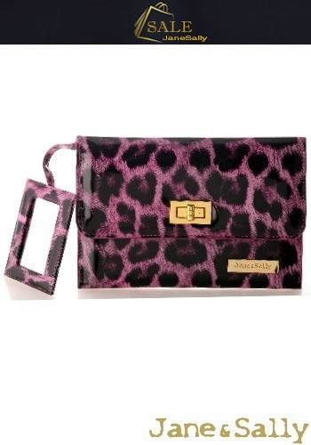 (JaneSally)PU Leather Leopard Print Clutch Bag With Small Mirror Evening Bag Wallet Passport bag Passport holder(Sweet Peach Leopard)