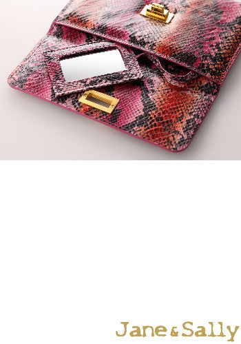 (JaneSally)PU Leather Snakeskin Pattern Clutch Bag With Small Mirror Evening Bag Wallet Passport bag Passport holder(Orange Python)