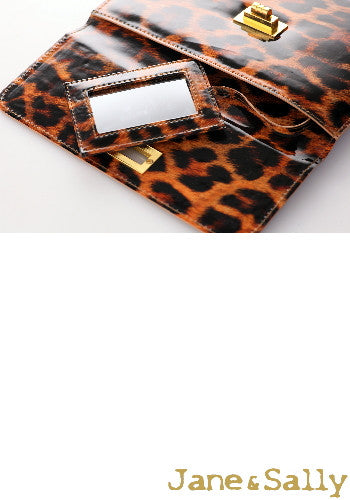 (JaneSally)PU Leather Leopard Print Clutch Bag With Small Mirror Evening Bag Wallet Passport bag Passport holder(Splendid Leopard)