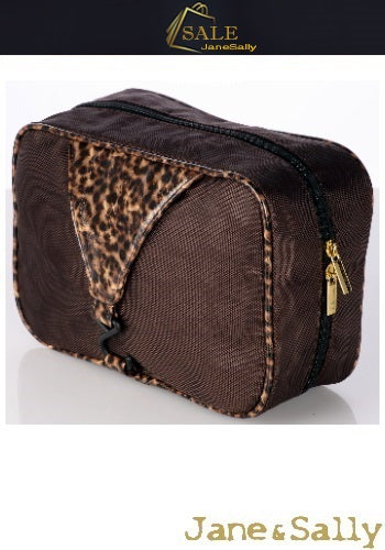 (JaneSally)Patchwork With PU Leather And Nylon Waterproof Toiletry Bag Storage Bag(Brown Leopard)