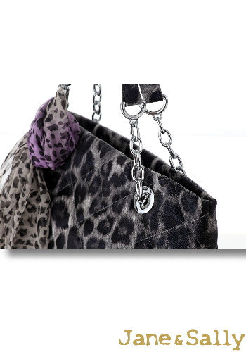 (JaneSally)PU Leather Rhombus Lattice Shoulder Bag Tote Bag Handbag With Chain And Silk Scarf (Profound Grey Leopard)