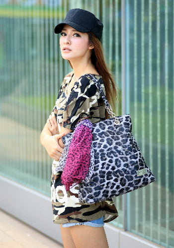 (JaneSally)PU Leather Rhombus Lattice Shoulder Bag Tote Bag Handbag With Chain And Silk Scarf (Profound Grey Leopard)