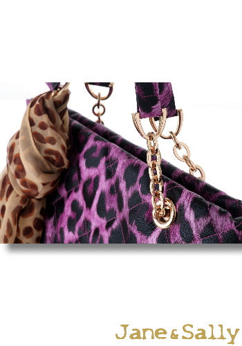 (JaneSally)PU Leather Rhombus Lattice Shoulder Bag Tote Bag Handbag With Chain And Silk Scarf (Sweet Peach Leopard)