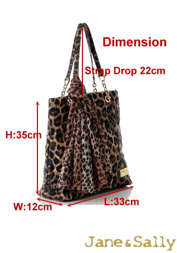 (JaneSally)PU Leather Rhombus Lattice Shoulder Bag Tote Bag Handbag With Chain And Silk Scarf (Splendid Leopard)