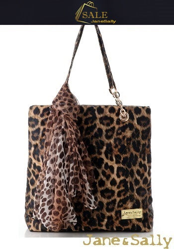 (JaneSally)PU Leather Rhombus Lattice Shoulder Bag Tote Bag Handbag With Chain And Silk Scarf (Splendid Leopard)