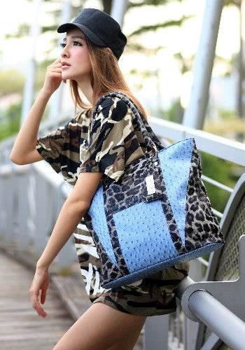 (JaneSally)Animal Print Spliced PU Leather Tote Bag Hand bag(Profound Grey Leopard)