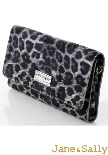 (JaneSally)PU Leather Two-Way Clutch Bag Shoulder Bag With Detachable Strap(Profound Grey Leopard)