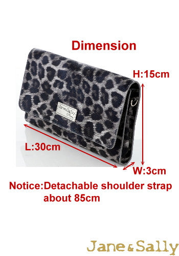 (JaneSally)PU Leather Two-Way Clutch Bag Shoulder Bag With Detachable Strap(Profound Grey Leopard)