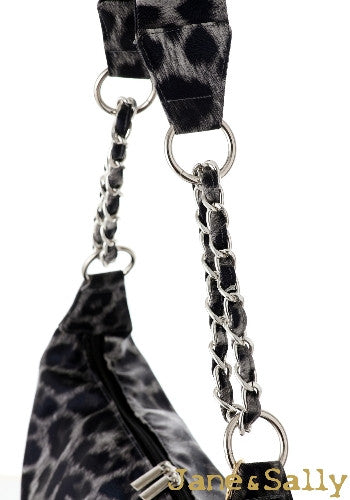 (JaneSally)PU Leather Shoulder Bag With Chain Strap Cross Body Bag With Bear Shape Key Chain Hobo bag(Profound Grey Leopard)