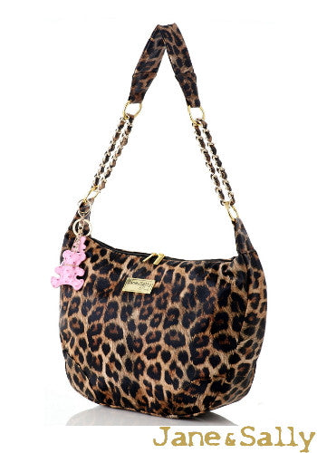 (JaneSally)PU Leather Shoulder Bag With Chain Strap Cross Body Bag With Bear Shape Key Chain Hobo bag(Splendid Leopard)