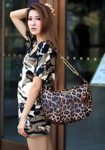 (JaneSally)PU Leather Shoulder Bag With Chain Strap Cross Body Bag With Bear Shape Key Chain Hobo bag(Splendid Leopard)