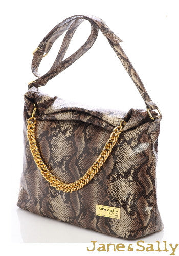 (JaneSally)PU Leather Snakeskin Pattern Bohemia Style Hobo Bag Shoulder Bag Handbag With Two-Way Strap(Classical Brown)