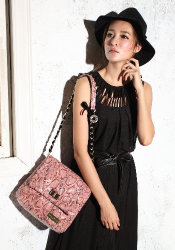 (JaneSally)PU Leather Rhombus Lattice Pink color Shoulder Bag With Diamond Chain Strap Cross Body Bag(Small)