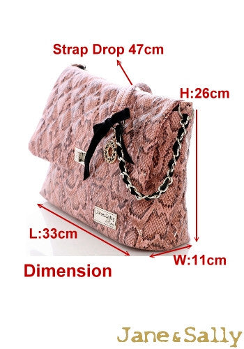 (JaneSally)PU Leather Rhombus Lattice Snakeskin Pattern Shoulder Bag With Diamond Chain Strap Cross Body Bag(Large)