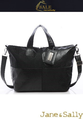 (JaneSally)Lattice Patchwork With PU Leather And Nylon Waterproof Travel Bag Handbag Shoulder Bag With Detachable Strap (Black Crocodile)