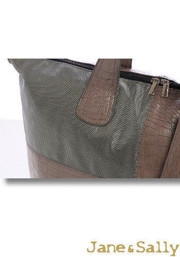 (JaneSally)Lattice Patchwork With PU Leather And Nylon Waterproof Travel Bag Handbag Shoulder Bag With Detachable Strap Cross Body Bag(Moss Crocodile)