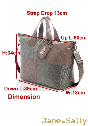 (JaneSally)Lattice Patchwork With PU Leather And Nylon Waterproof Travel Bag Handbag Shoulder Bag With Detachable Strap Cross Body Bag(Moss Crocodile)