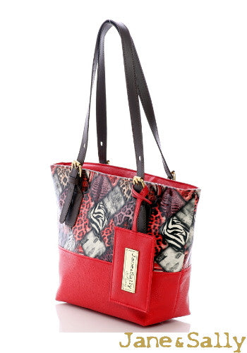 (JaneSally)Patchwork Plain PU Leather And Montage Pattern Tote Bag Shoulder Bag Handbag With Adjustable handle Strap(Small)-Red Leopard