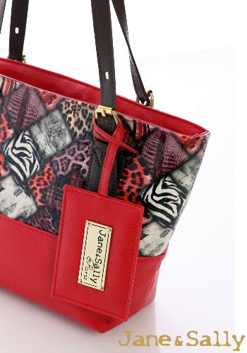 (JaneSally)Patchwork Plain PU Leather And Montage Pattern Tote Bag Shoulder Bag Handbag With Adjustable handle Strap(Small)-Red Leopard