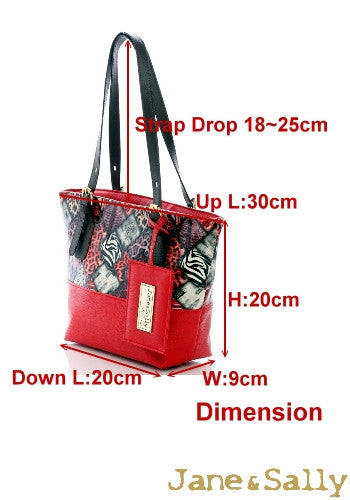 (JaneSally)Patchwork Plain PU Leather And Montage Pattern Tote Bag Shoulder Bag Handbag With Adjustable handle Strap(Small)-Red Leopard