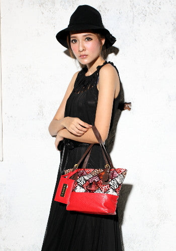 (JaneSally)Patchwork Plain PU Leather And Montage Pattern Tote Bag Shoulder Bag Handbag With Adjustable handle Strap(Small)-Red Leopard