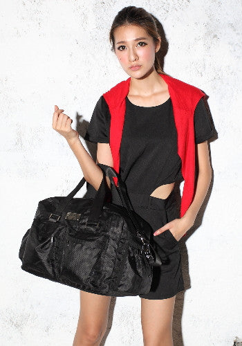 (JaneSally)Minimalist Style Nylon Waterproof Travel Bag Handbag Shoulder Bag With Detachable Strap Cross Body Bag(Black Leopard)